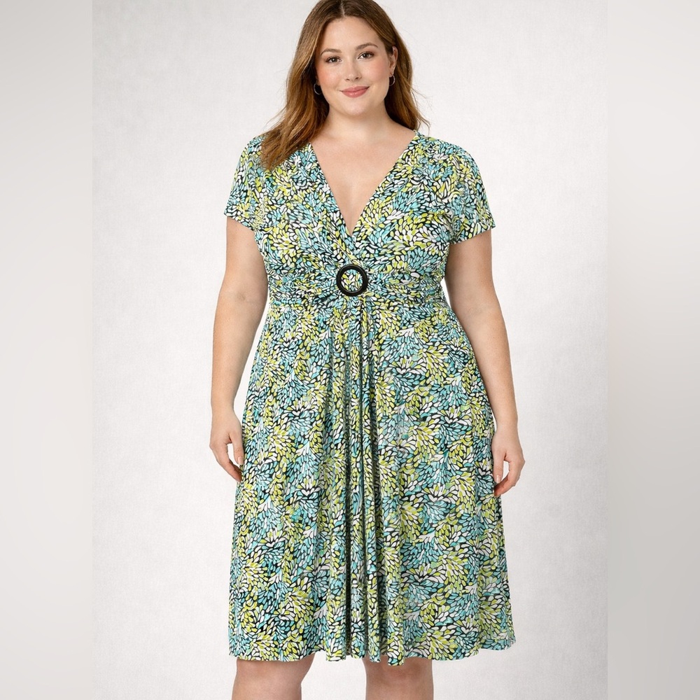 Studio I Green and Blue Leaf Print Cap Sleeve Dress Spring Office Flowy Sz 16